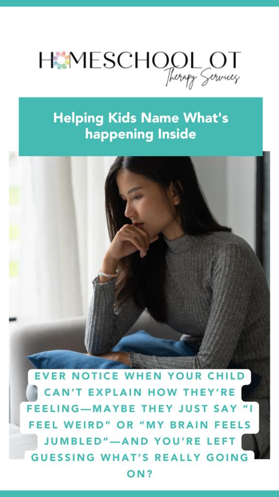graphic about interoception in children and using body awareness to support emotional regulation and language skills in homeschool.