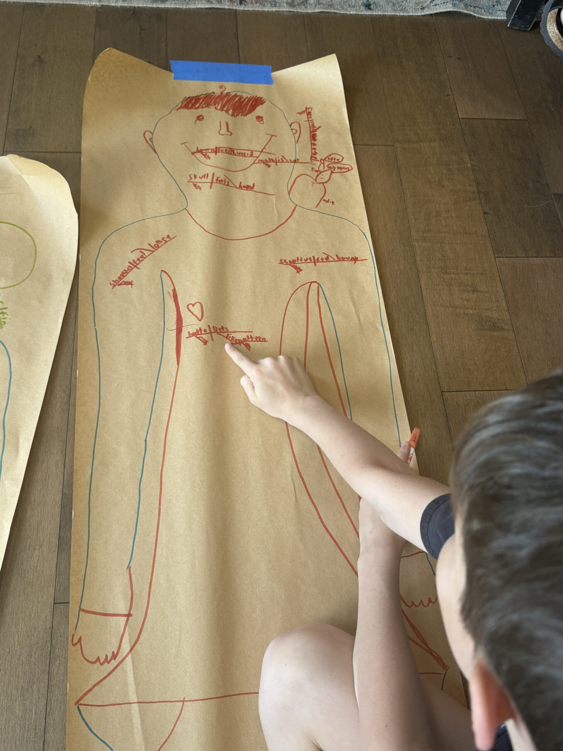 Child practicing interoception with a body scan activity using a traced outline of his body.