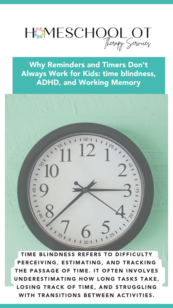 HomeschoolOT graphic featuring an analog clock and explaining time blindness in children with ADHD, including difficulty estimating time, tracking its passage, and transitioning between activities.