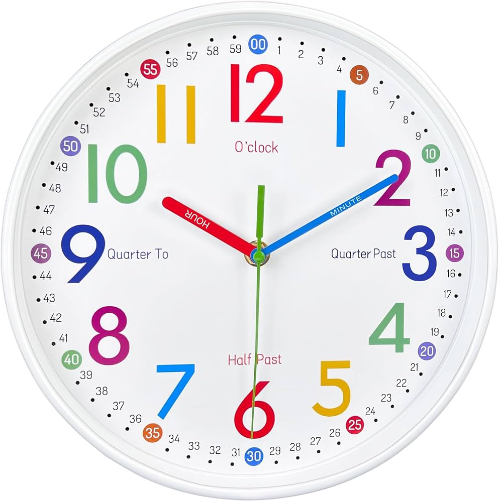 "Colorful educational analog clock for children featuring labeled hour and minute hands, numbered minutes, and visual guides for learning to tell time and understand the passage of time."